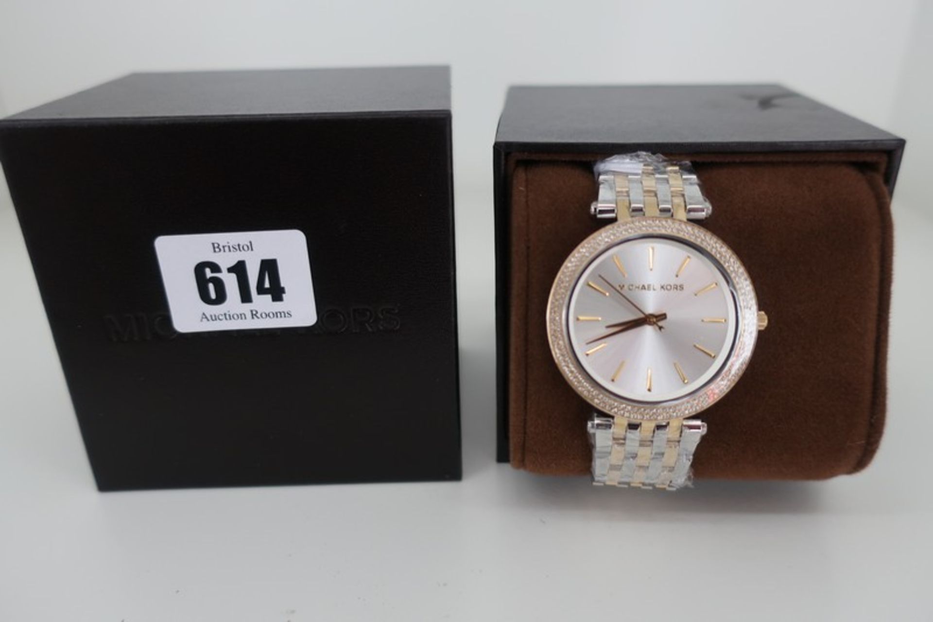 Two boxed as new Michael Kors Darci Silver Dial Two-Tone Ladies Watch MK3215.