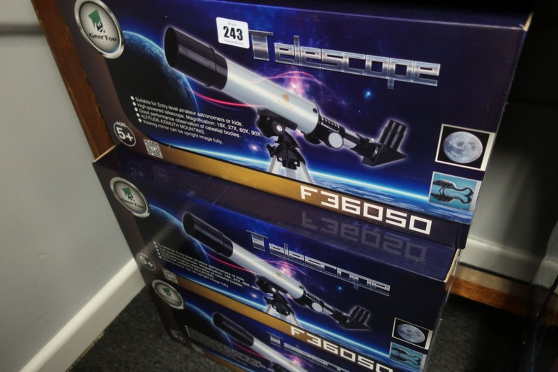 Five boxed as new GeerTop F36050 telescopes.