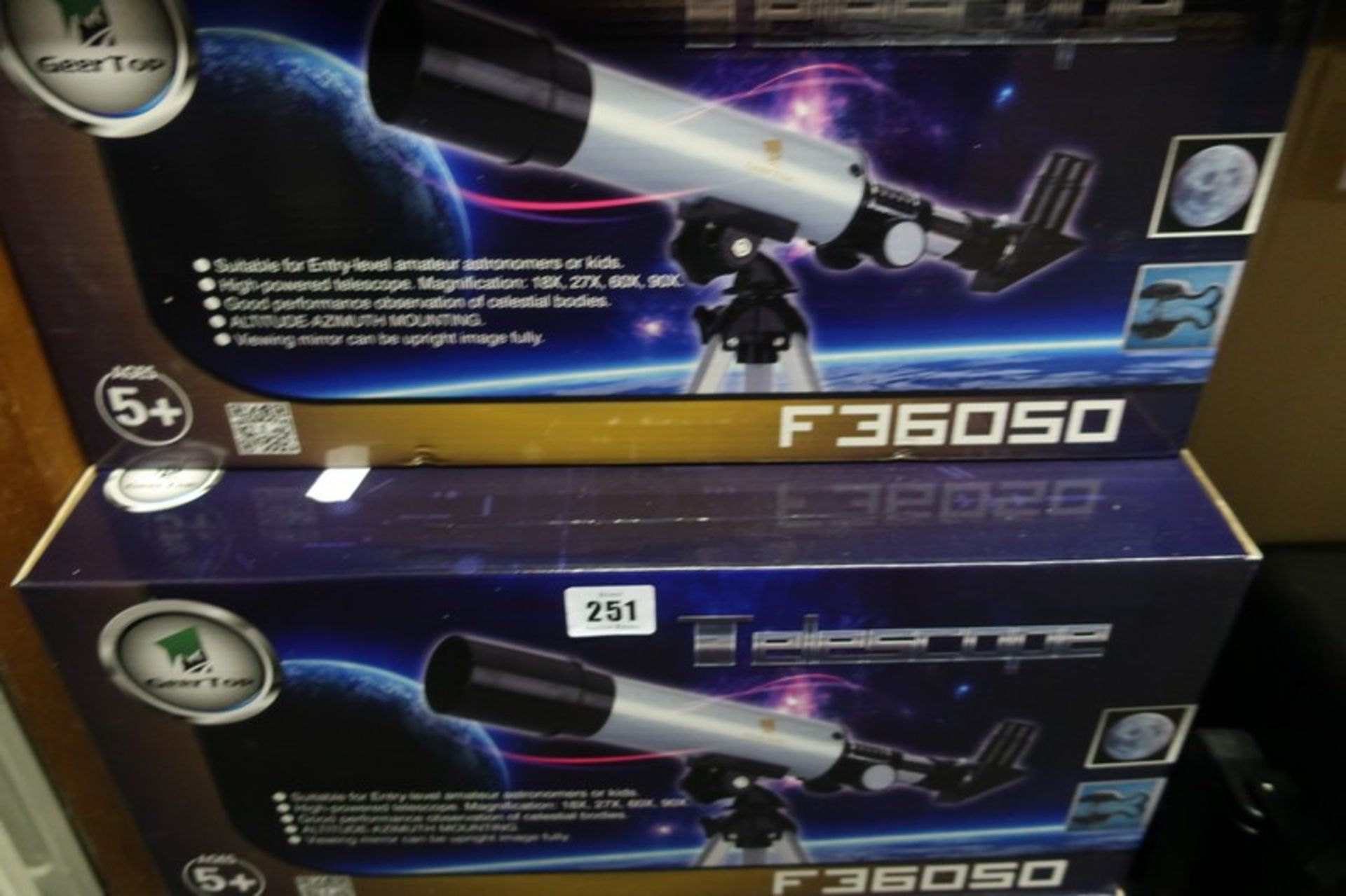 Five boxed as new GeerTop F36050 telescopes.