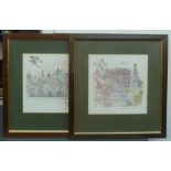 Four framed prints by Mads Stage, including views of Westminster, Marble Arch,