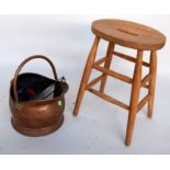 A copper coal scuttle with oak kitchen stool