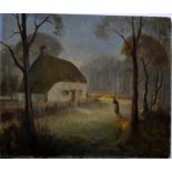 A cottage at twilight with figure, oil on board,