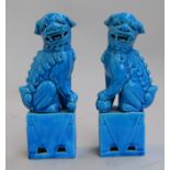 A pair of Chinese blue coloured ceramic foo dogs on plinths 21cmH