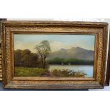 European School, Boats on the Lake, oil on board, framed,