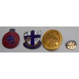 Four badges: The British Toxophilite Society, Surrey United Soccer Club,