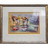 20th century European school, Abstract Harbour Scene, oil on paper, framed,