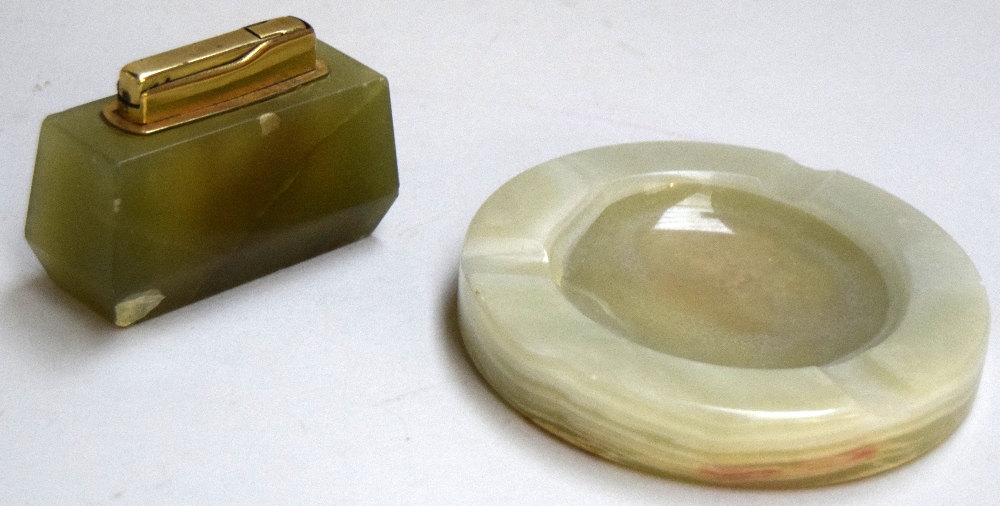 A green onyx table lighter together with an onyx ashtray 13cmD