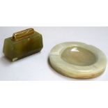 A green onyx table lighter together with an onyx ashtray 13cmD