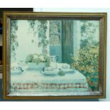 A framed print of an outdoor still life 45 x 58cm,