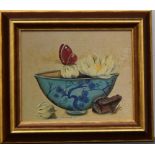 Two pictures: Still life with Butterfly, Bowl and Frog, framed,