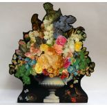 A collage of a floral display with urn base, songbirds, and butterflies, with hinged support,