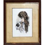 A Victorian watercolour of a girl holding a small dog, framed,