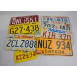A large number of American licence plates from various states