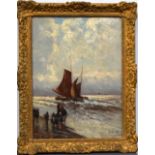 An impressionist style painting of horses on the beach with sailing ships in the distance,