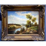 Reproduction 18th century European School river-side scene, oil on board,framed. 29.