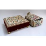 An embroidered foot stool on metal supports,