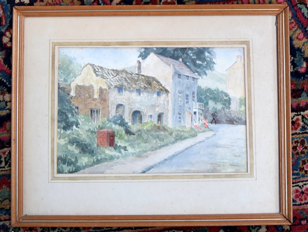 Local interest: Sprake's Corner, Symondsbury, sign 'AMJ', watercolour, 21.