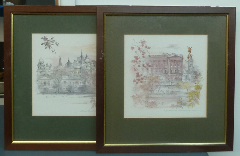 Four framed prints by Mads Stage, including views of Westminster, Marble Arch,