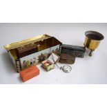 A mixed lot to include cigarette cards, vintage tins, cufflinks, camera, hair brush, webbing belt,