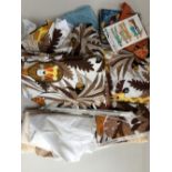 Box of fabric lengths, including some yards of 1960s nursery fabric 'Whipsnade' by Burgess Ledward,