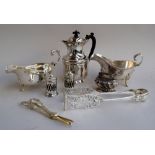 A small amount of silver plated items to include sauce boats, Ronson Crown lighter, cake tongs,