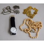 Jewellery box containing simulated pearls with paste clasp, Lorus watch, yellow metal necklace,