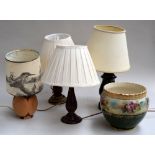 Four table lamps and shades and a decorative pot