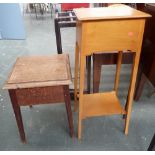 A pine pot stand and sewing table with hinged lid