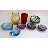 Three cut and coloured glass ash trays,