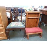 A pine prayer stand with red kneeler and Edwardian dining chair with embroidered drop in seat (2)