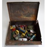A painted metal casket with various toy vehicles - Dinky Sunbeam Alpine, Austin Healey,