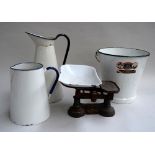 Two large white vintage enamel jugs and bucket together with a set of kitchen scales (4)