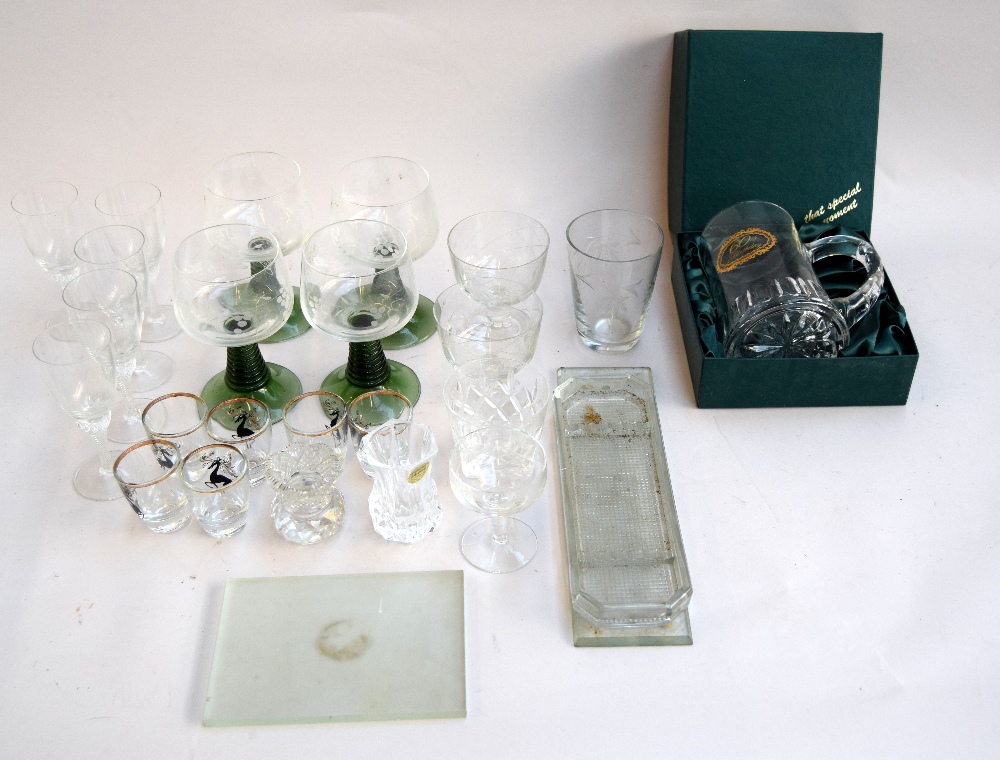 A selection of glass, to include a glass beer mug '60th Birthday', six shots glasses made in France,