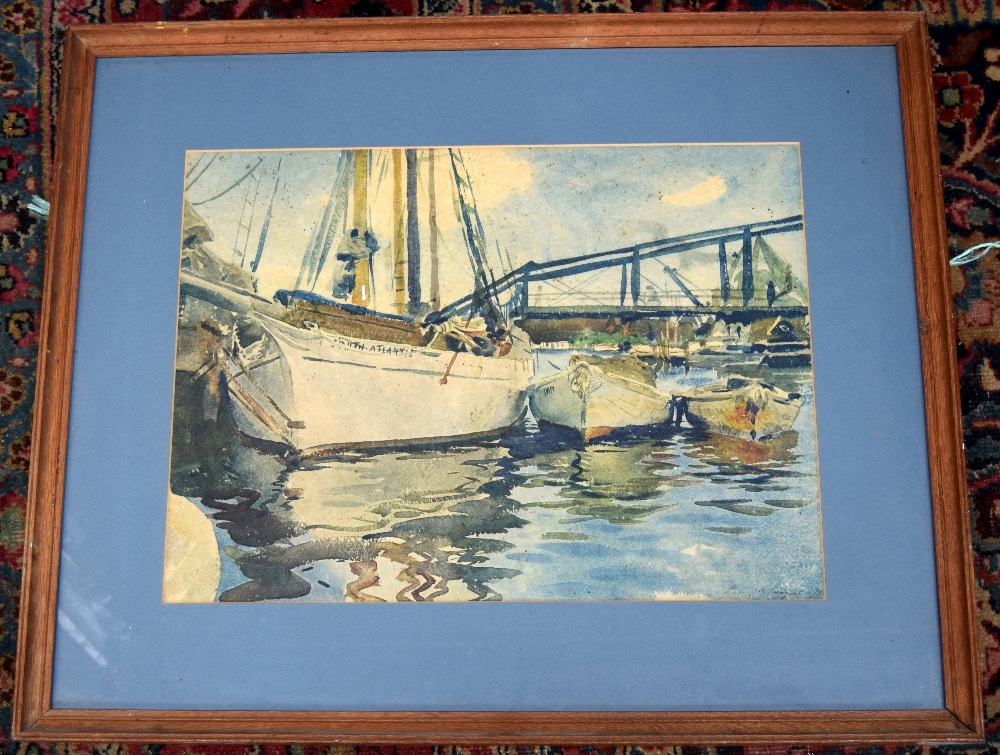 After John Singer Sargent. Print of boats in an estuary, 33 x44.