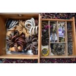 Two drawers of curtain rail and pole fittings in brass and wood