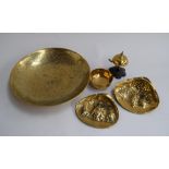 An oriental brass dish 25cmD; two Indian alter trays,