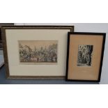 Two prints: A view of the Medici palace, 11 x 7cm together with 'The Arrival' ,