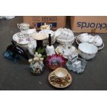 A box of vintage tea wares and a Poole Pottery Dolphin