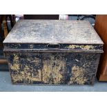 A black metal military travel chest, side handles,
