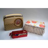 A vintage Dritz sewing basket and accessories and a Bush TR 82B radio (3)