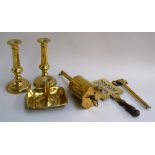 A brass roasting jack stamped to lid 'Salter Warranted'; brass candlestick holder,