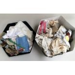 Hexagonal hat box of various items of vintage linen,