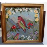 A embroidery of parrots, framed,