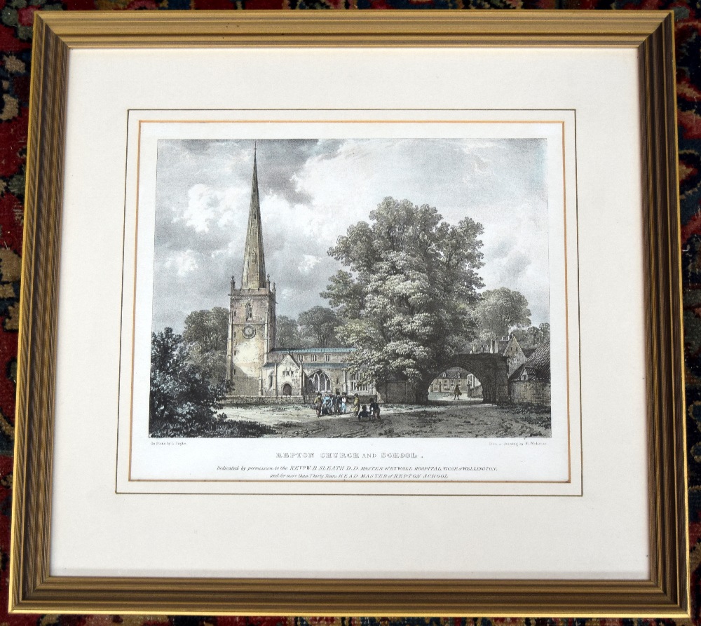 19th century colour engraving of Repton Church and School after M.