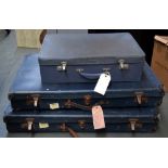 Two vintage blue dress suitcases with internal straps and one other with associated labels (3)