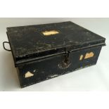 A black metal deed box with side handles,