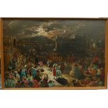 A painted print of the crucifixion and destruction of the temple veil,