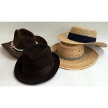 Four gents hats: brown felt hat from Dunn & co,