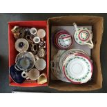 A mixed box of early ceramics including blue and white china, soap stone, meat plate, teapot,