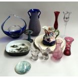 A mixed box of coloured glassware including bonbon dish, studio glass vases,